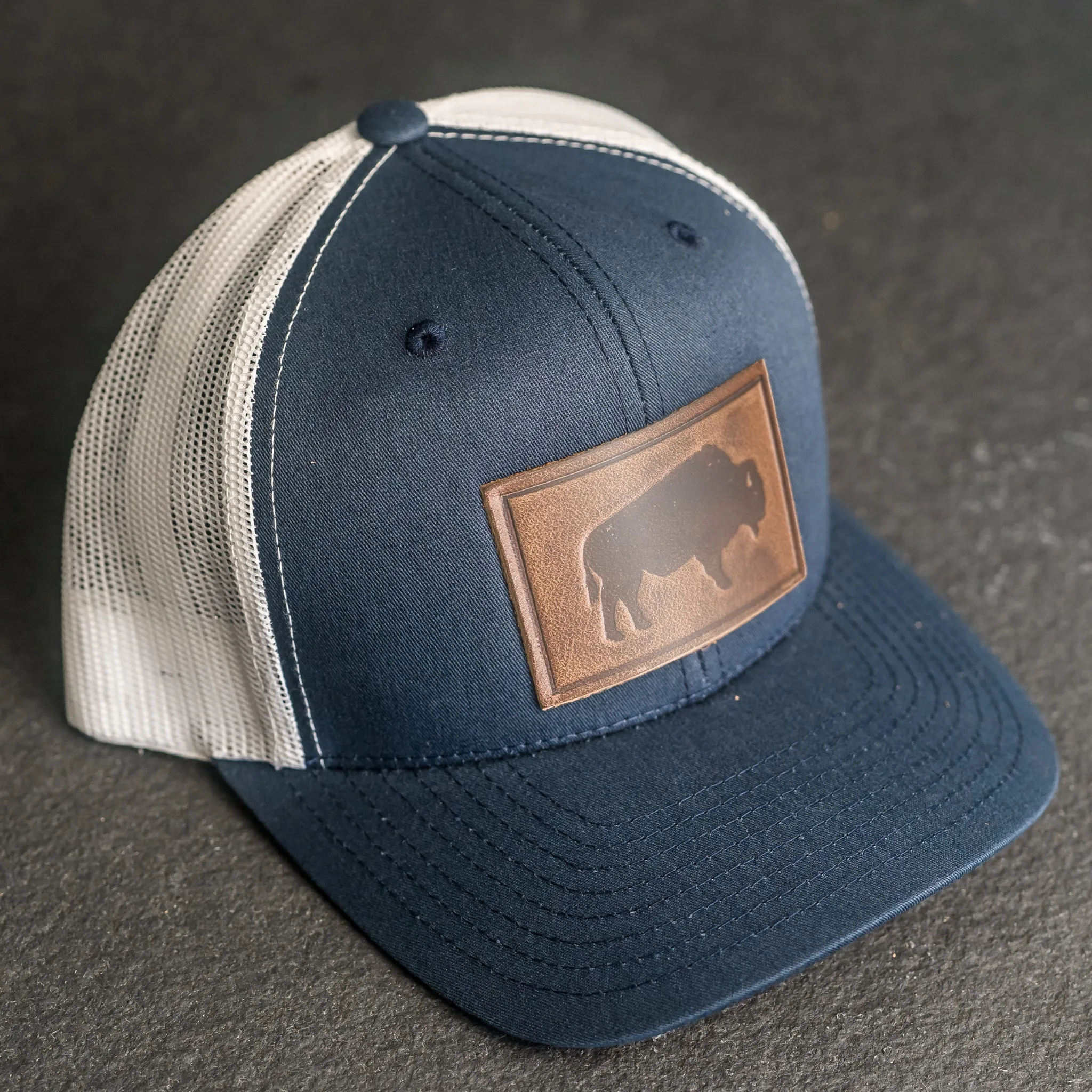 Leather Patch Trucker Style Hat - Bison Stamp