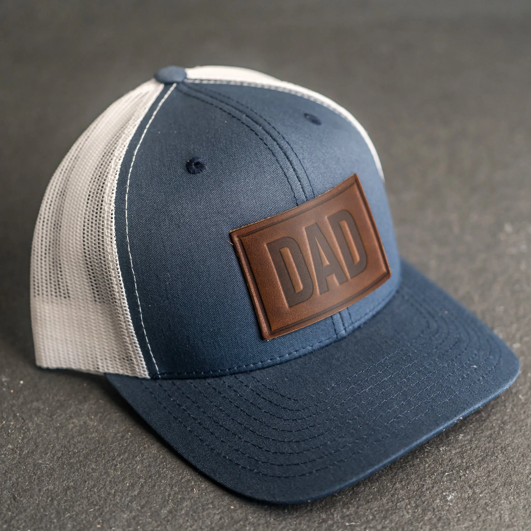 Leather Patch Trucker Style Hat - Dad Stamp