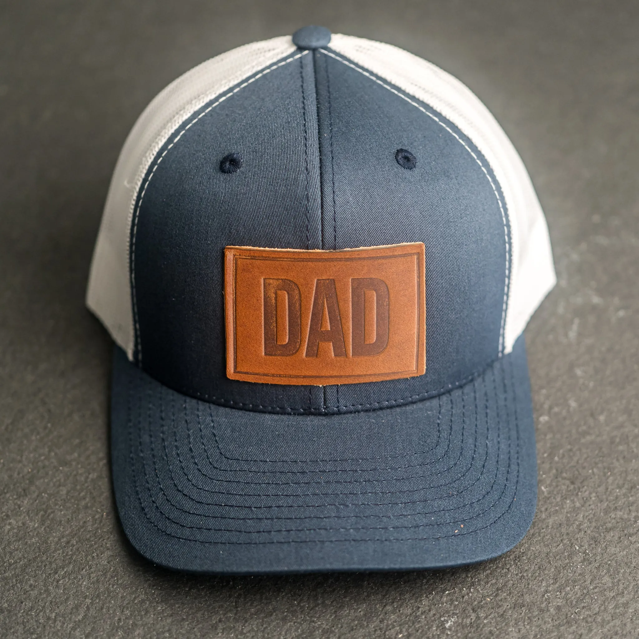 Leather Patch Trucker Style Hat - Dad Stamp