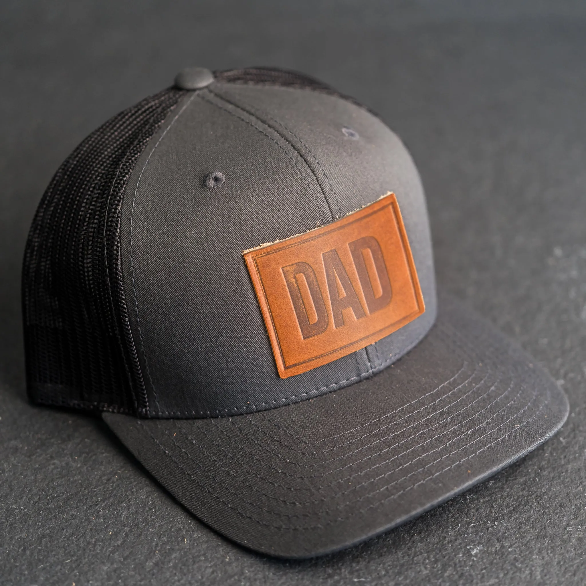Leather Patch Trucker Style Hat - Dad Stamp