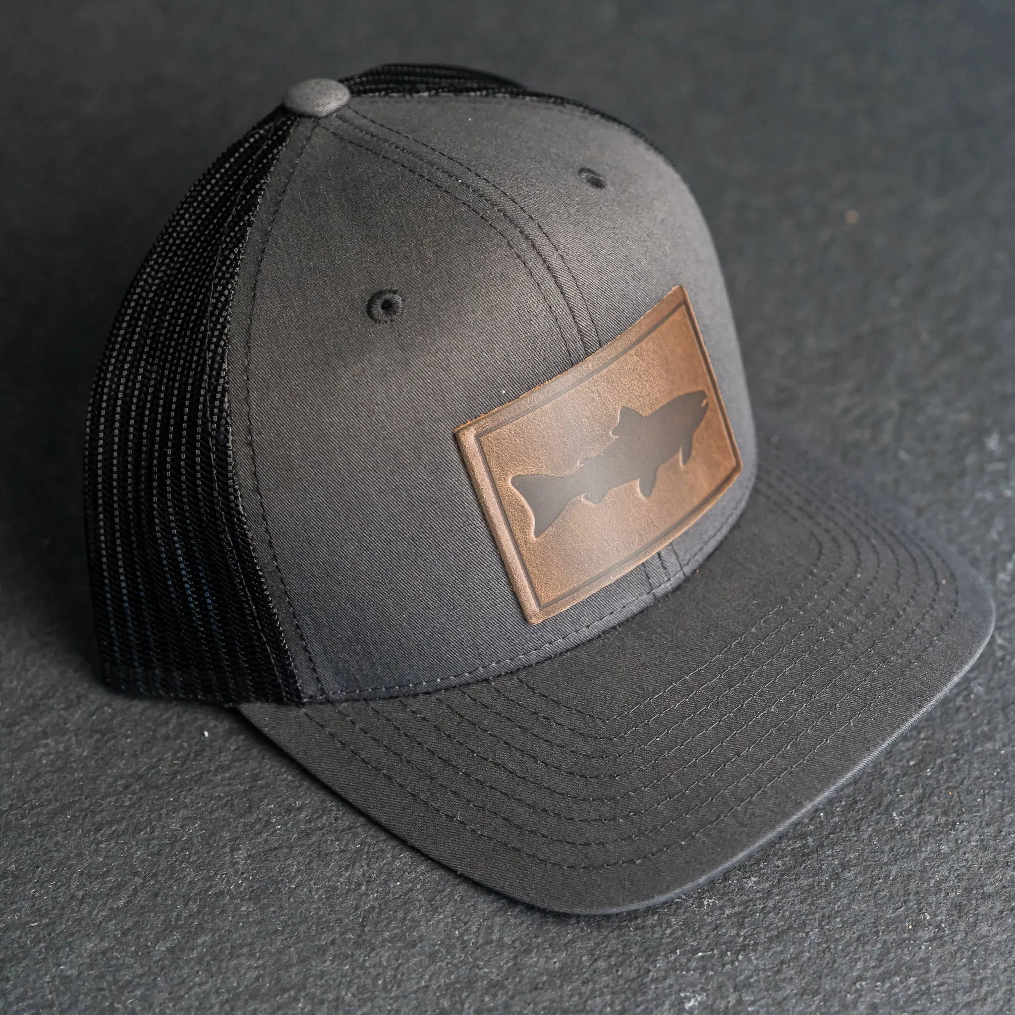 Leather Patch Trucker Style Hat - Fish Stamp