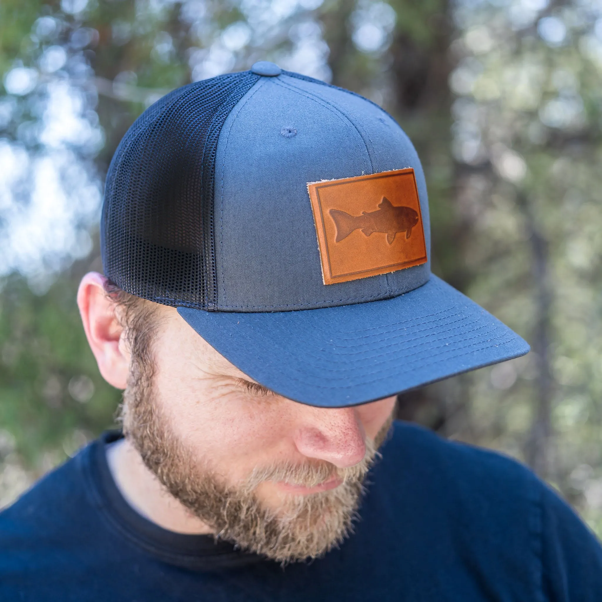 Leather Patch Trucker Style Hat - Fish Stamp
