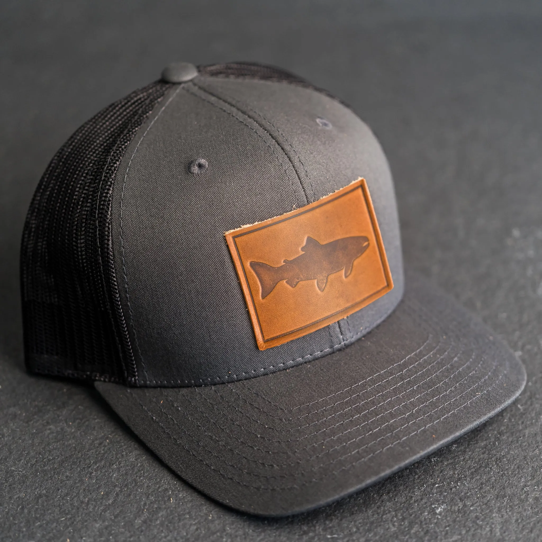 Leather Patch Trucker Style Hat - Fish Stamp