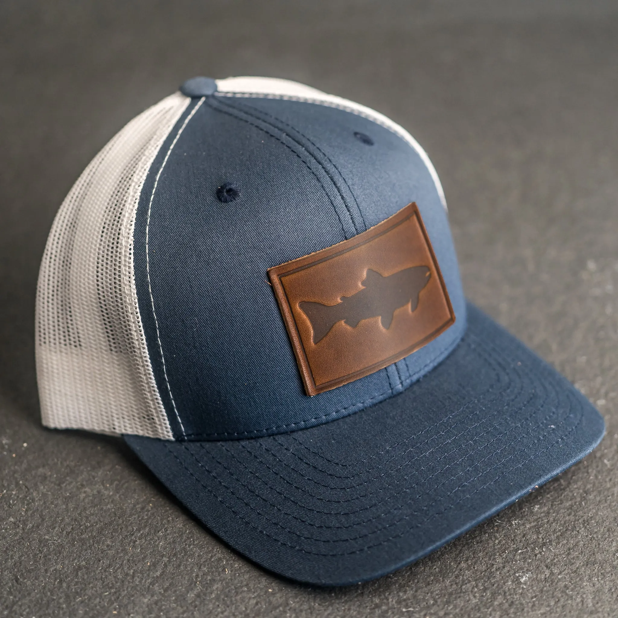 Leather Patch Trucker Style Hat - Fish Stamp