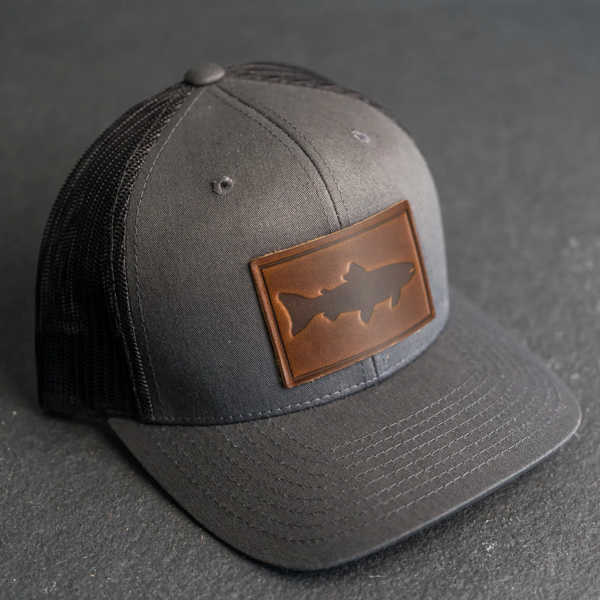 Leather Patch Trucker Style Hat - Fish Stamp