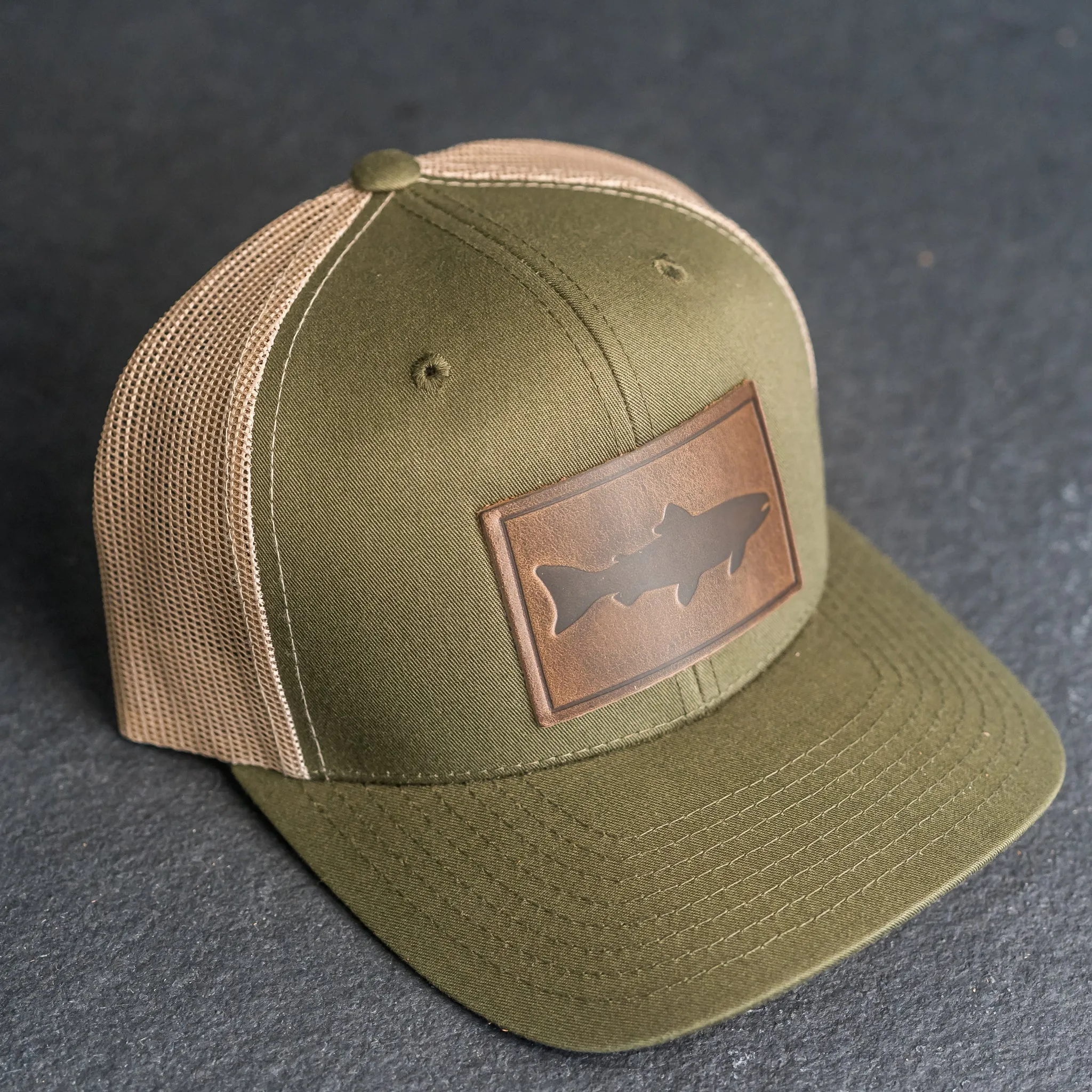 Leather Patch Trucker Style Hat - Fish Stamp
