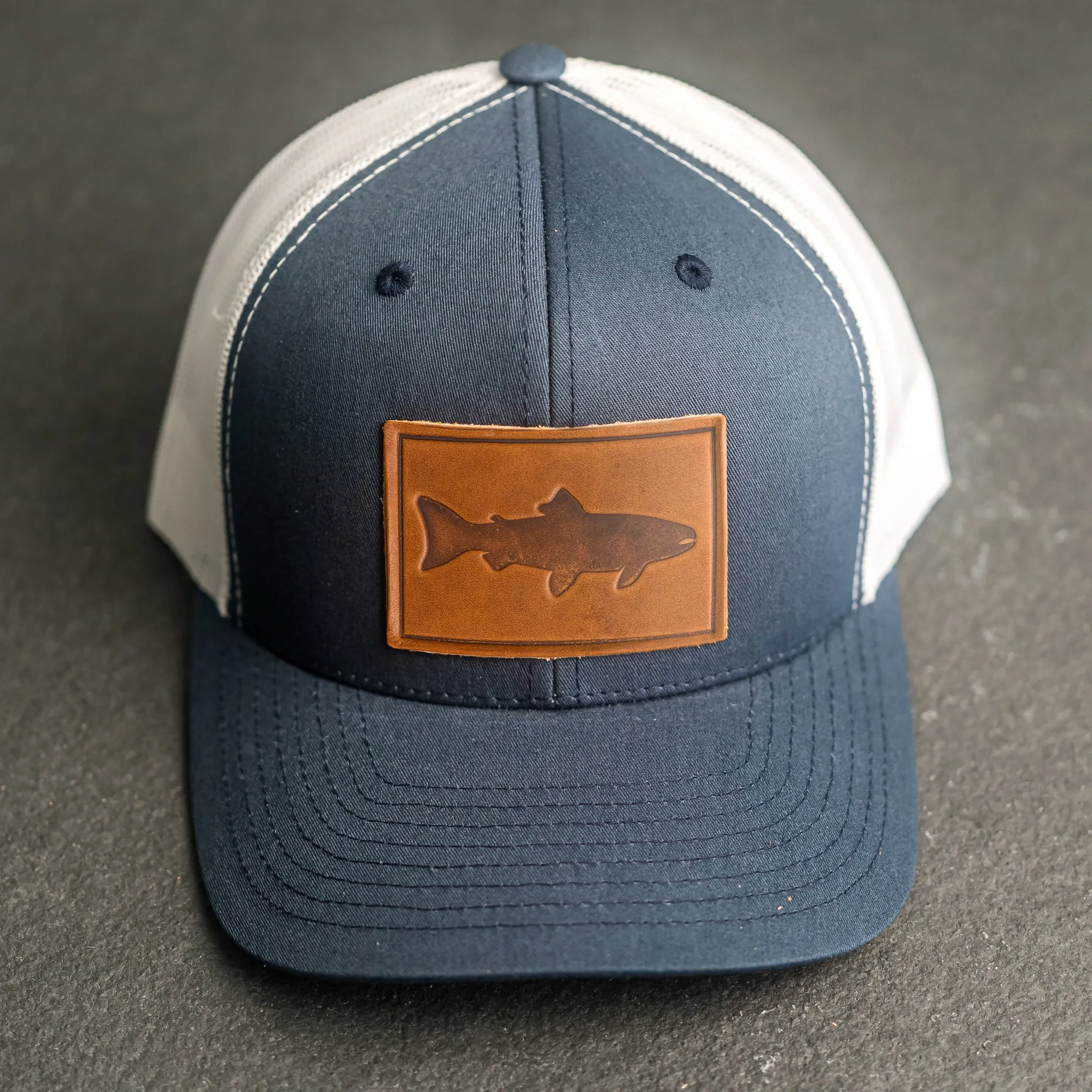 Leather Patch Trucker Style Hat - Fish Stamp
