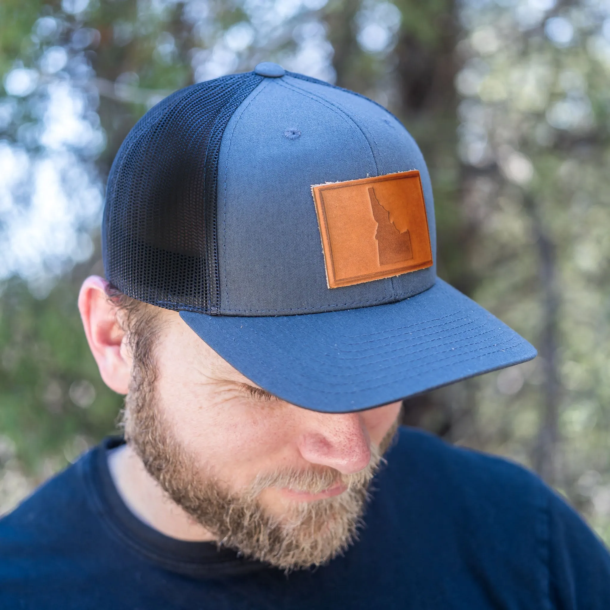 Leather Patch Trucker Style Hat - Idaho Stamp