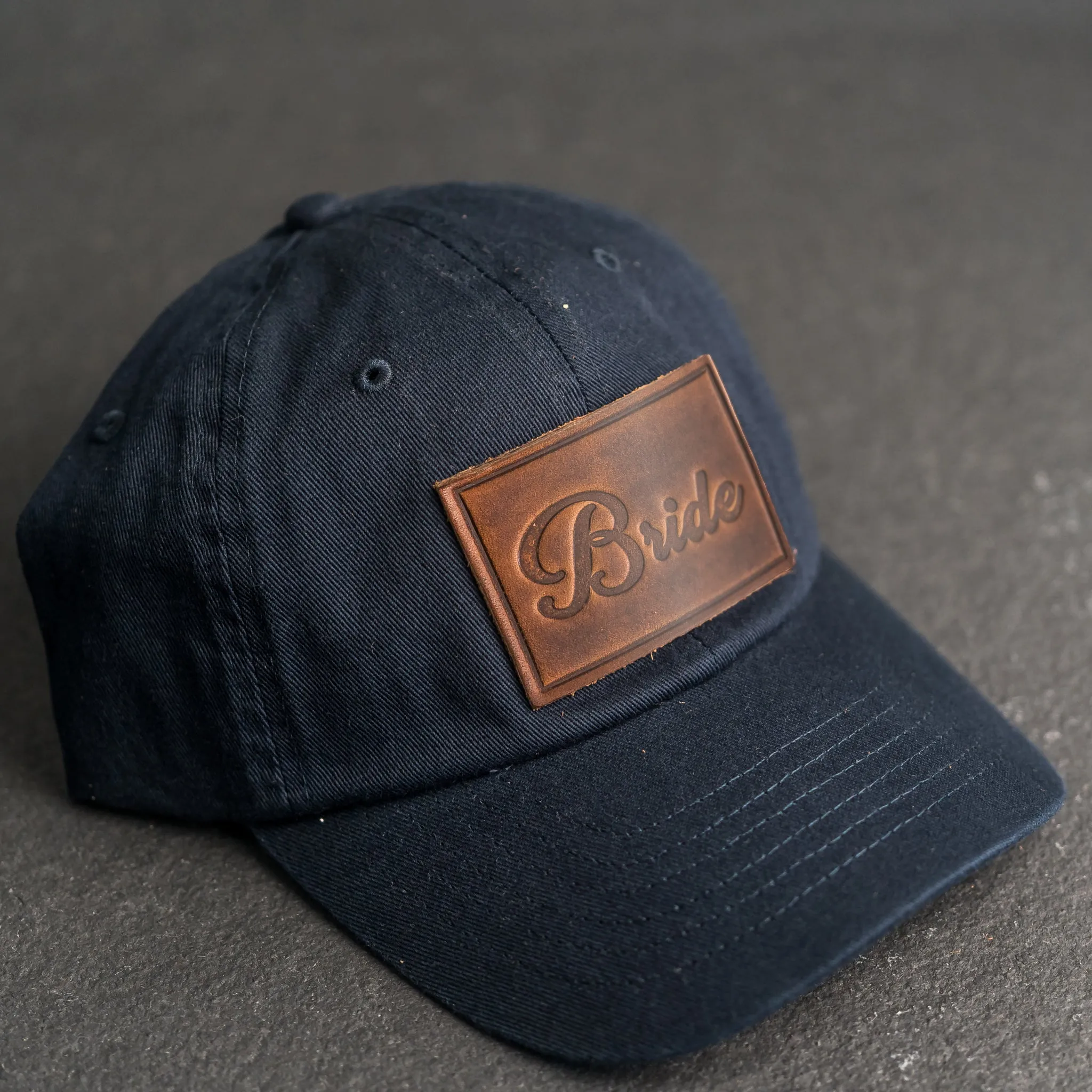 Leather Patch Unstructured Style Hat - Bride and Groom Stamp (cursive)