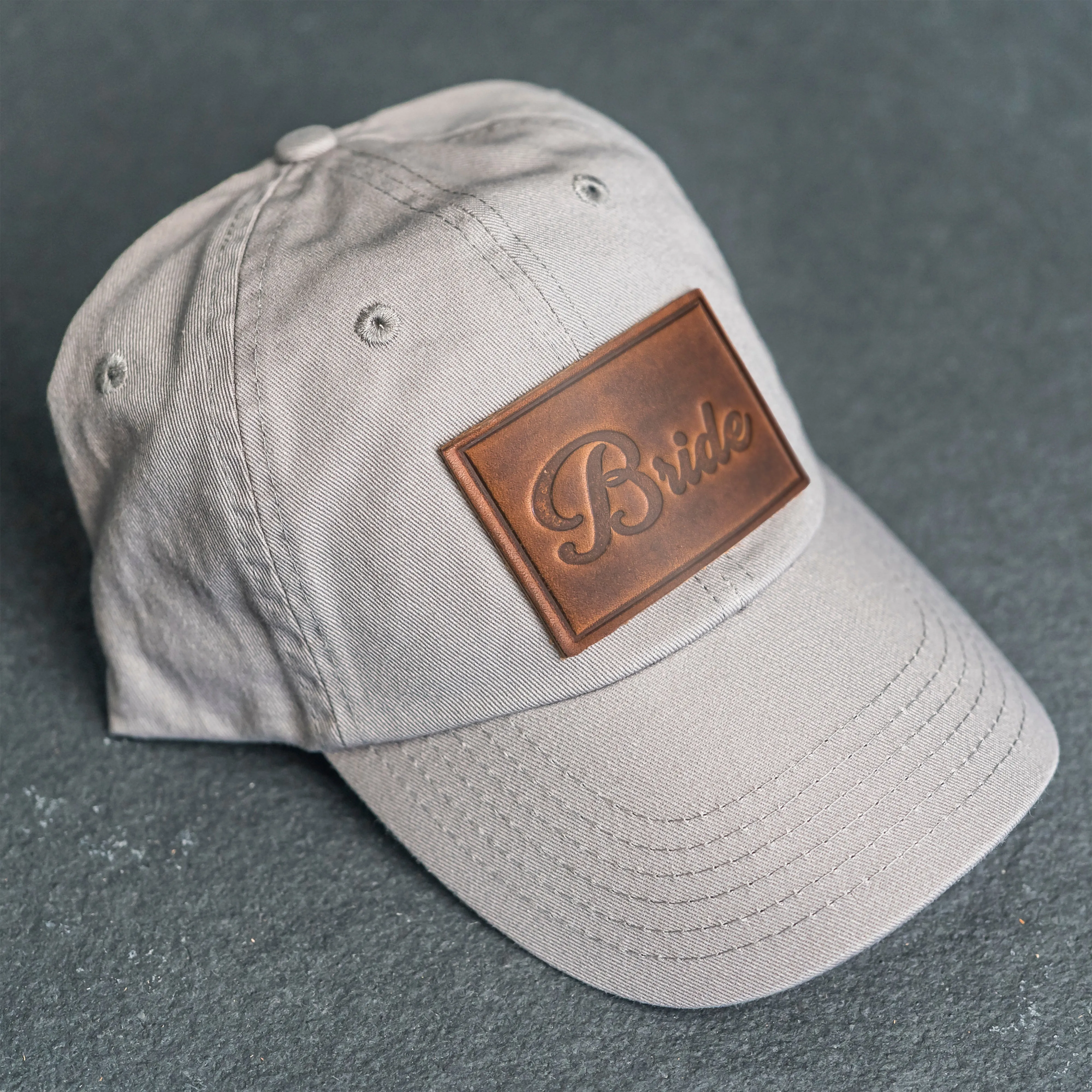 Leather Patch Unstructured Style Hat - Bride and Groom Stamp (cursive)