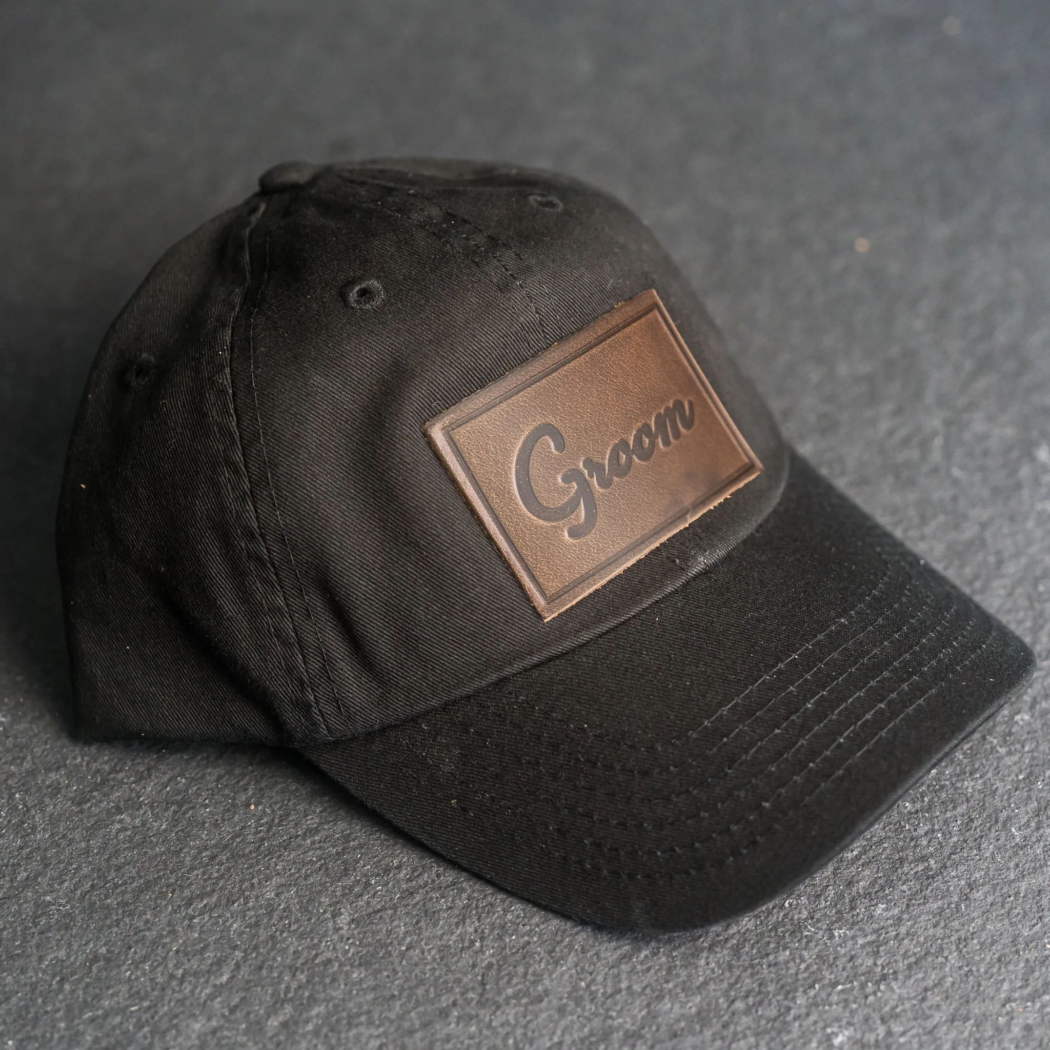 Leather Patch Unstructured Style Hat - Bride and Groom Stamp (cursive)