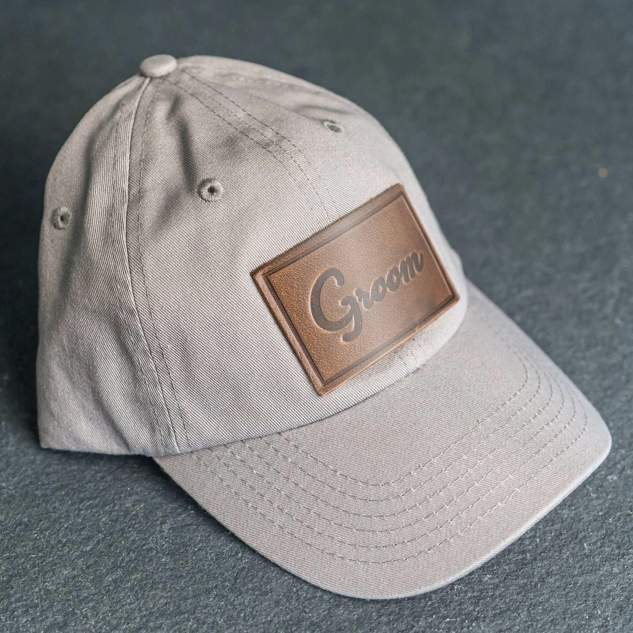 Leather Patch Unstructured Style Hat - Bride and Groom Stamp (cursive)