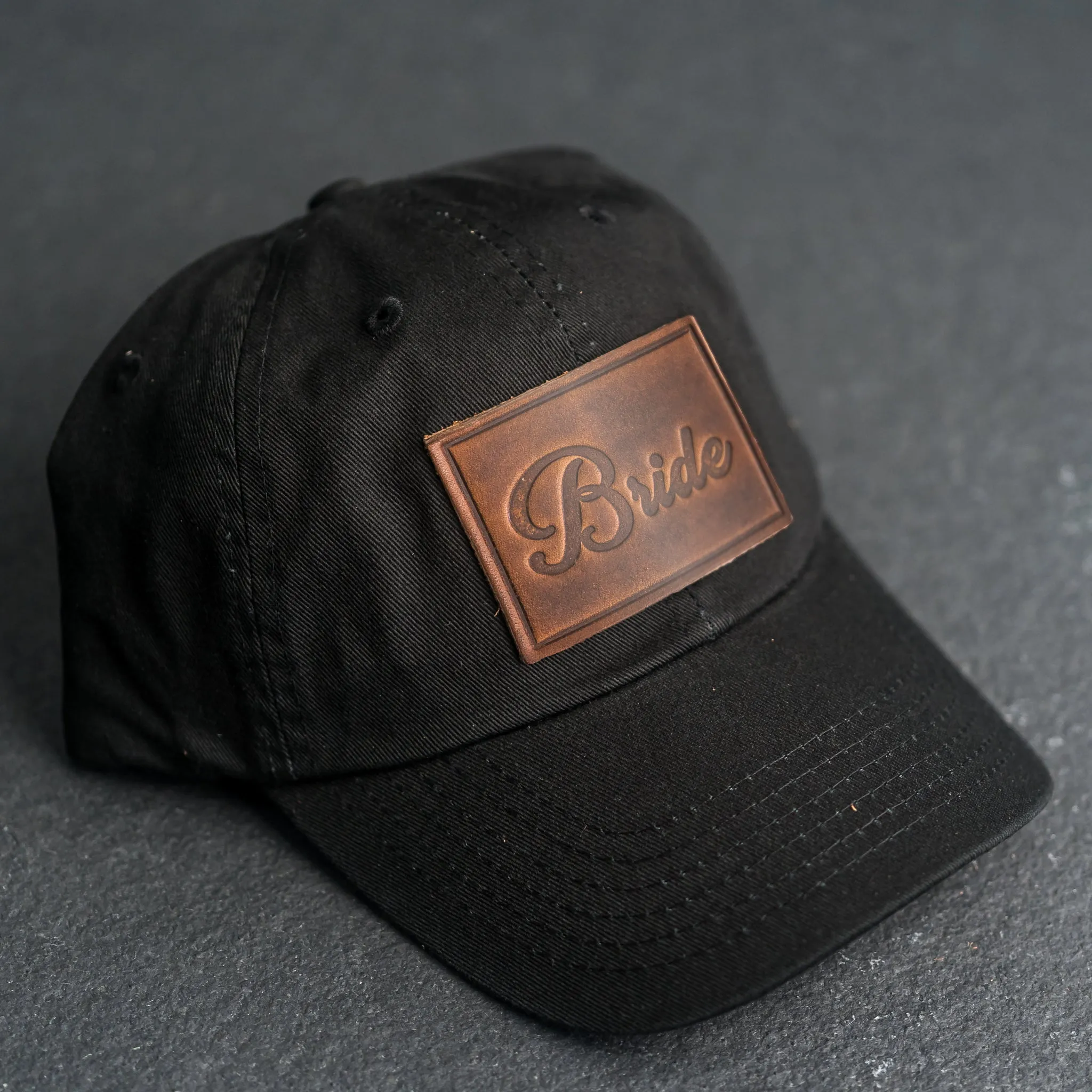Leather Patch Unstructured Style Hat - Bride and Groom Stamp (cursive)