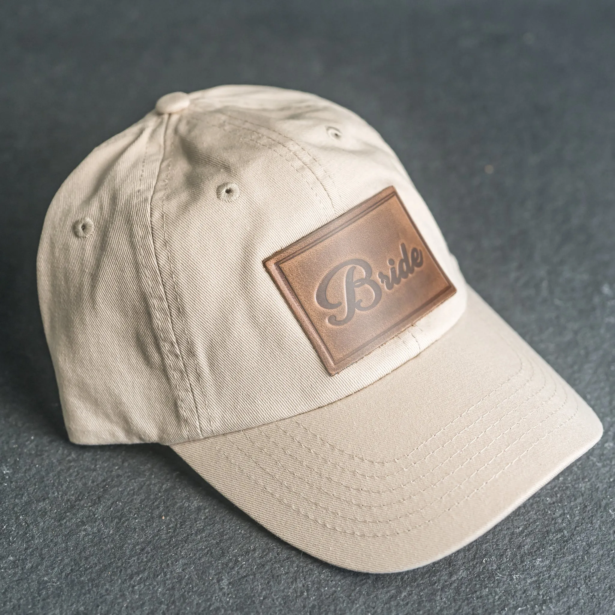 Leather Patch Unstructured Style Hat - Bride and Groom Stamp (cursive)