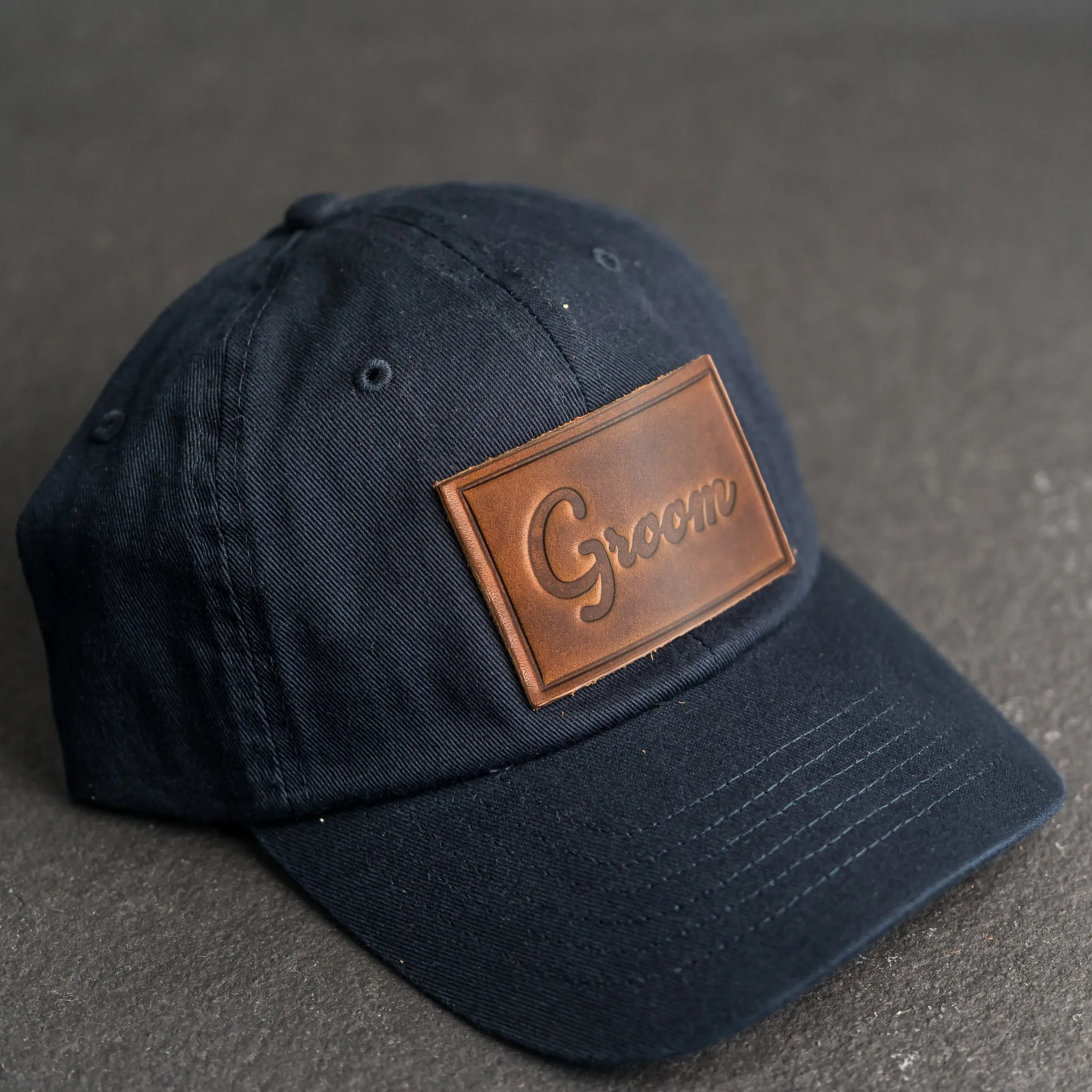 Leather Patch Unstructured Style Hat - Bride and Groom Stamp (cursive)