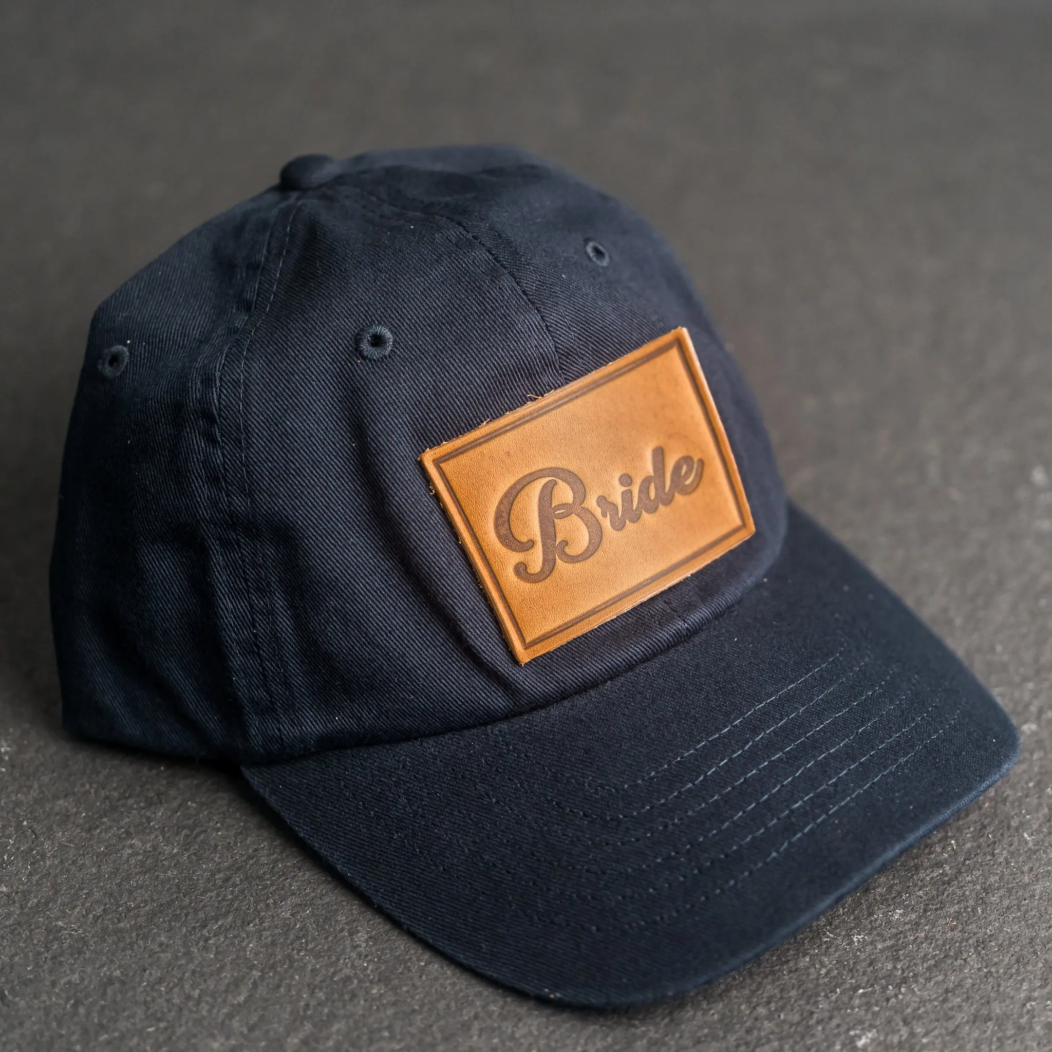 Leather Patch Unstructured Style Hat - Bride and Groom Stamp (cursive)