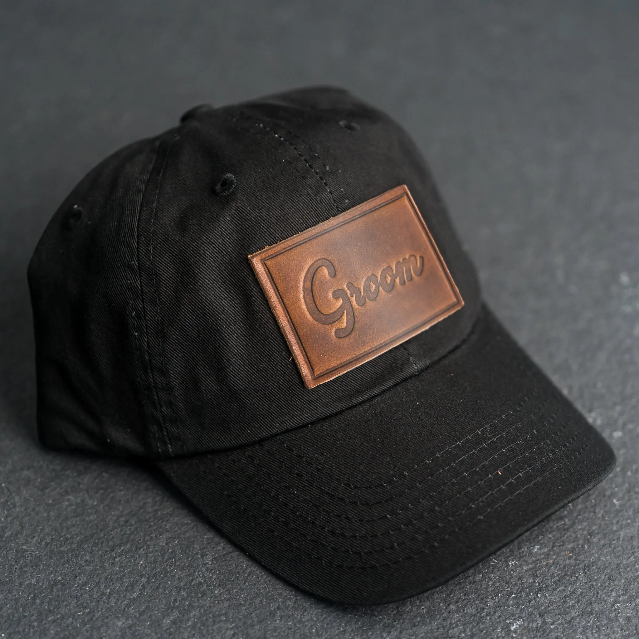 Leather Patch Unstructured Style Hat - Bride and Groom Stamp (cursive)