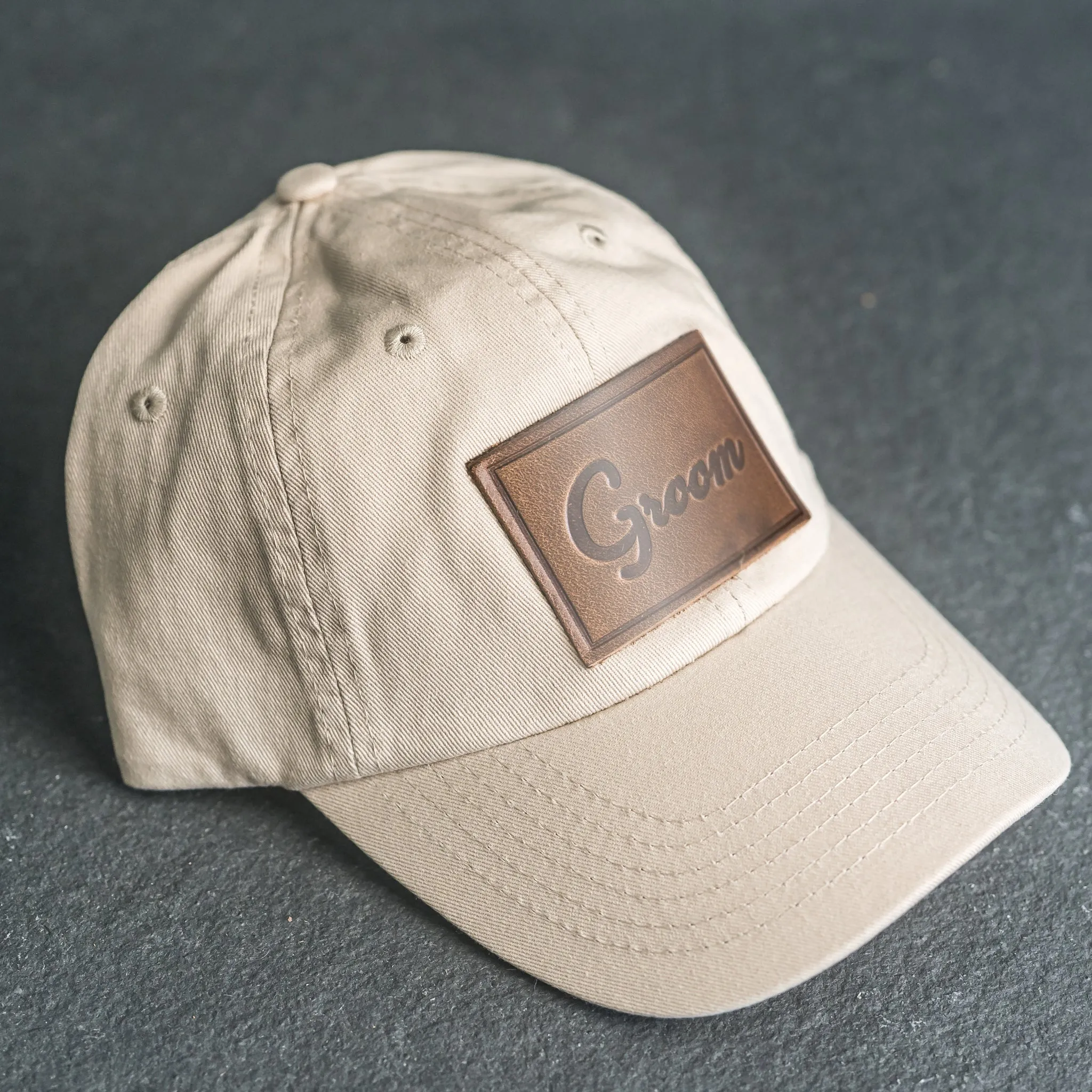 Leather Patch Unstructured Style Hat - Bride and Groom Stamp (cursive)