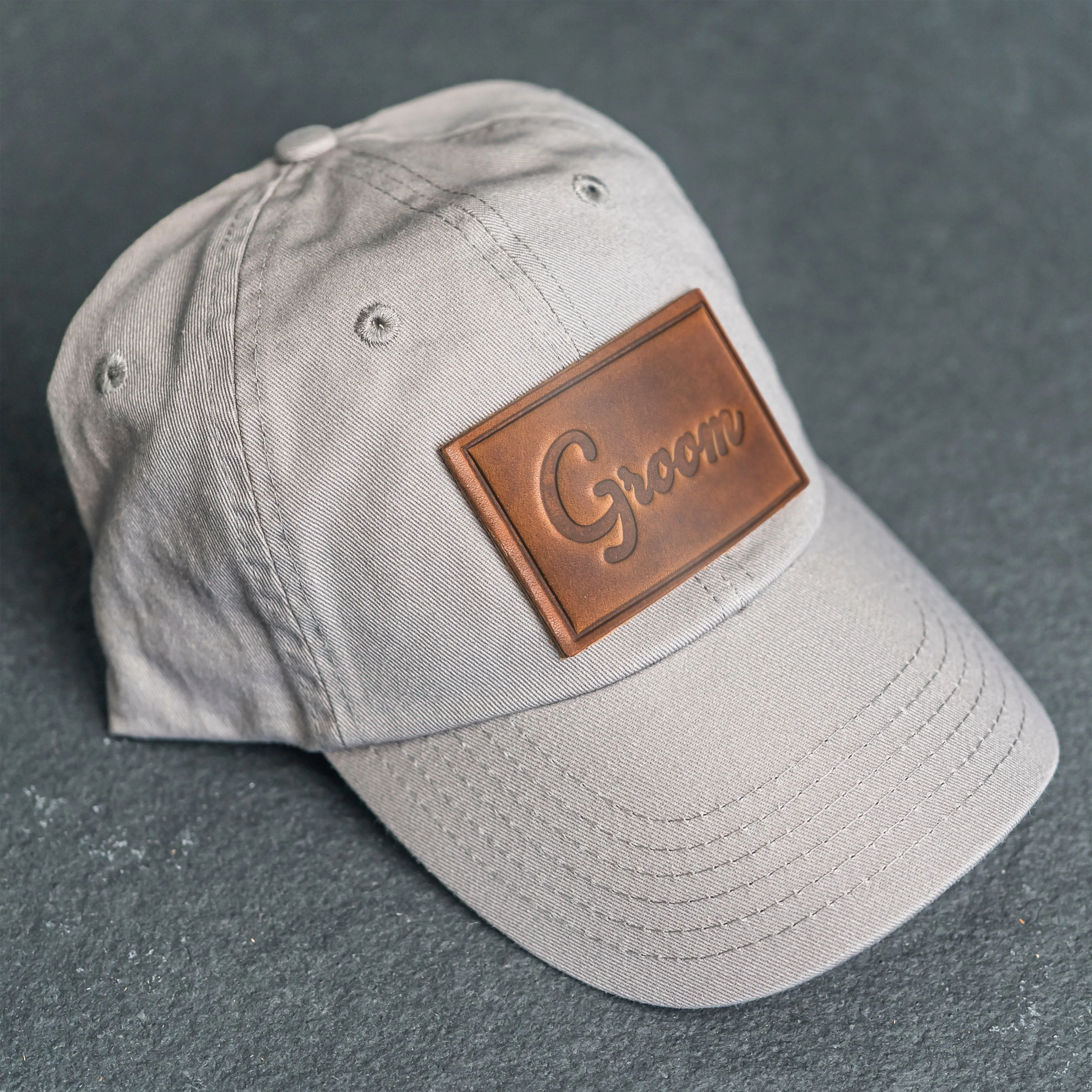 Leather Patch Unstructured Style Hat - Bride and Groom Stamp (cursive)