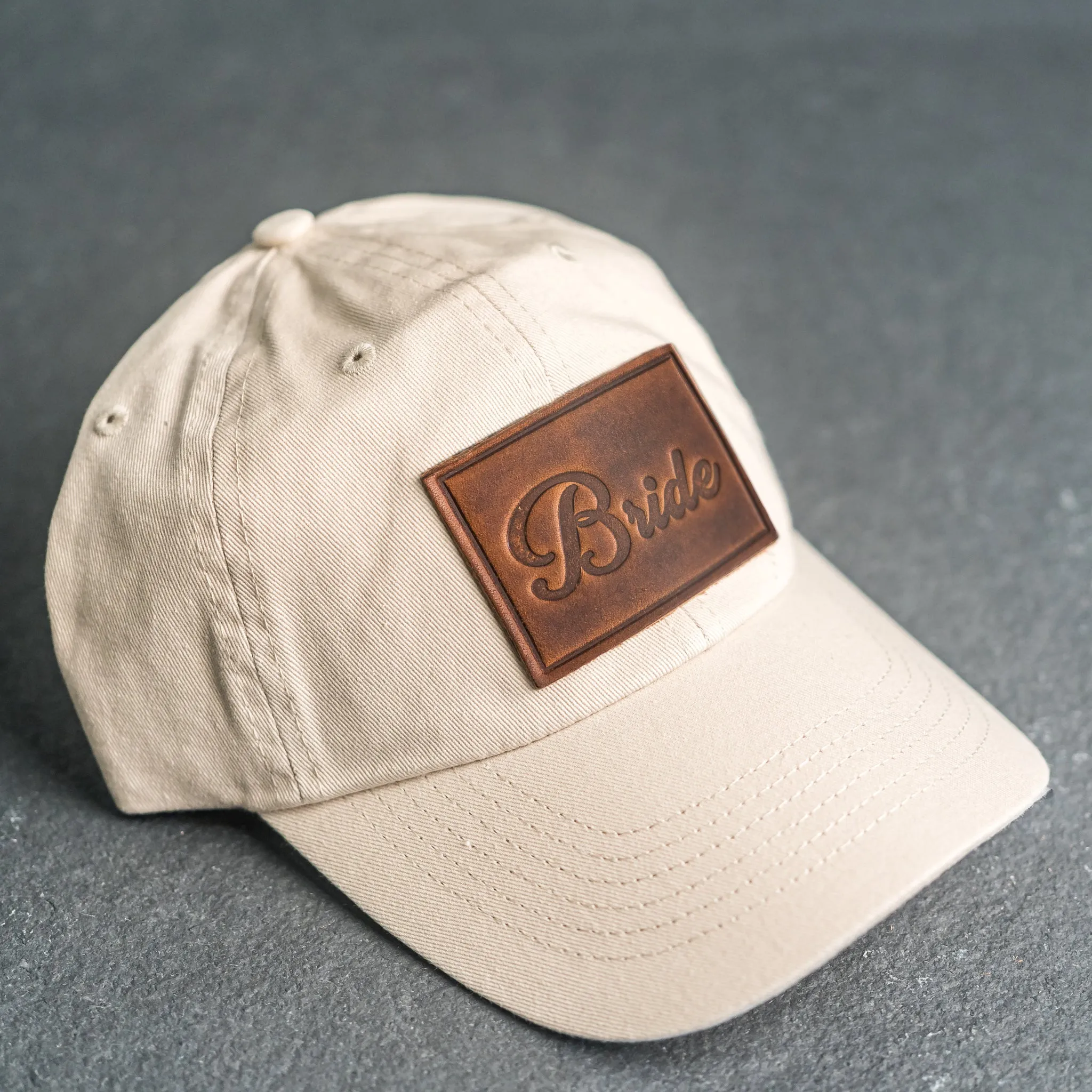 Leather Patch Unstructured Style Hat - Bride and Groom Stamp (cursive)