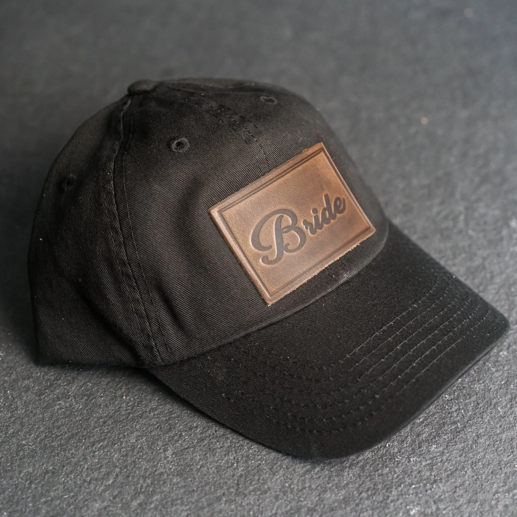 Leather Patch Unstructured Style Hat - Bride and Groom Stamp (cursive)
