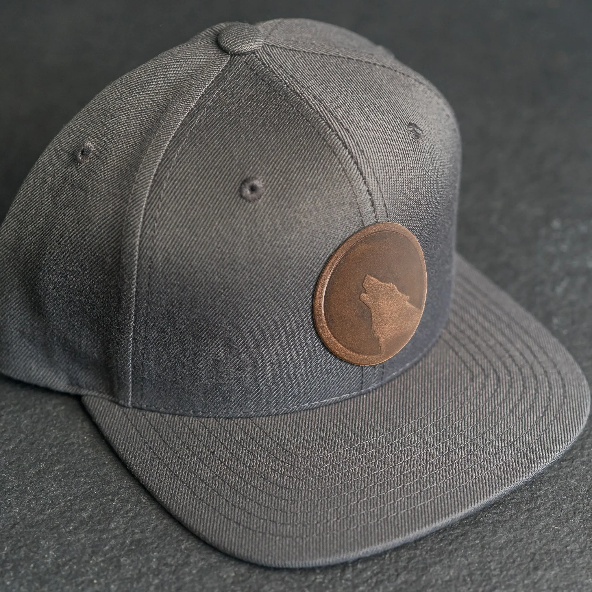 LIMITED EDITION - FLAT BILL Style Hat with Leather Patch - Dark Gray Hat - 30  Stamp Design Options