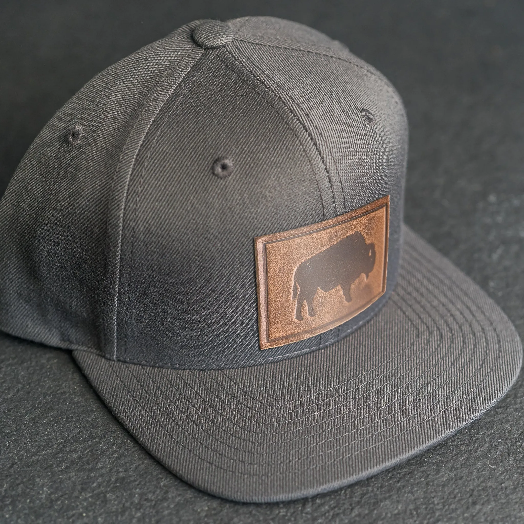 LIMITED EDITION - FLAT BILL Style Hat with Leather Patch - Dark Gray Hat - 30  Stamp Design Options