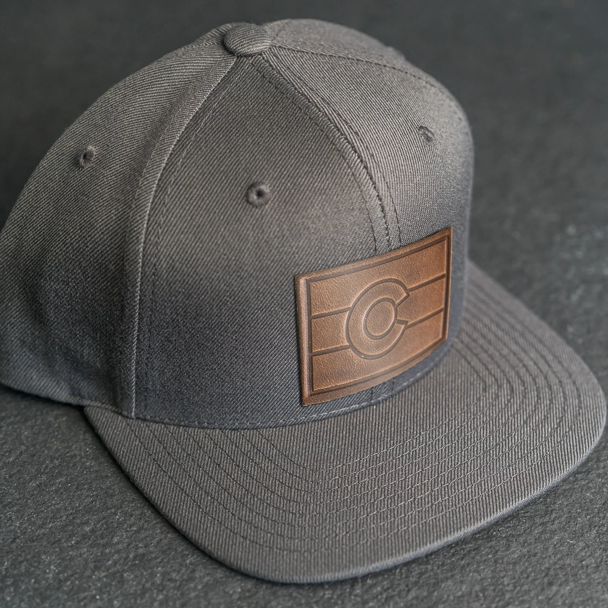 LIMITED EDITION - FLAT BILL Style Hat with Leather Patch - Dark Gray Hat - 30  Stamp Design Options