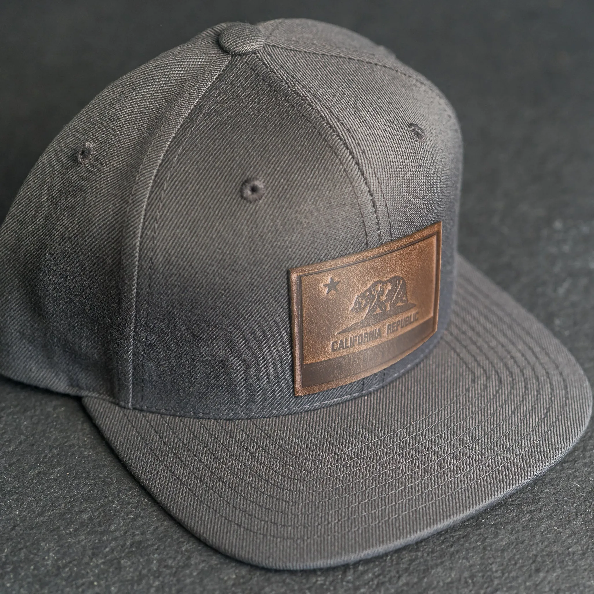 LIMITED EDITION - FLAT BILL Style Hat with Leather Patch - Dark Gray Hat - 30  Stamp Design Options