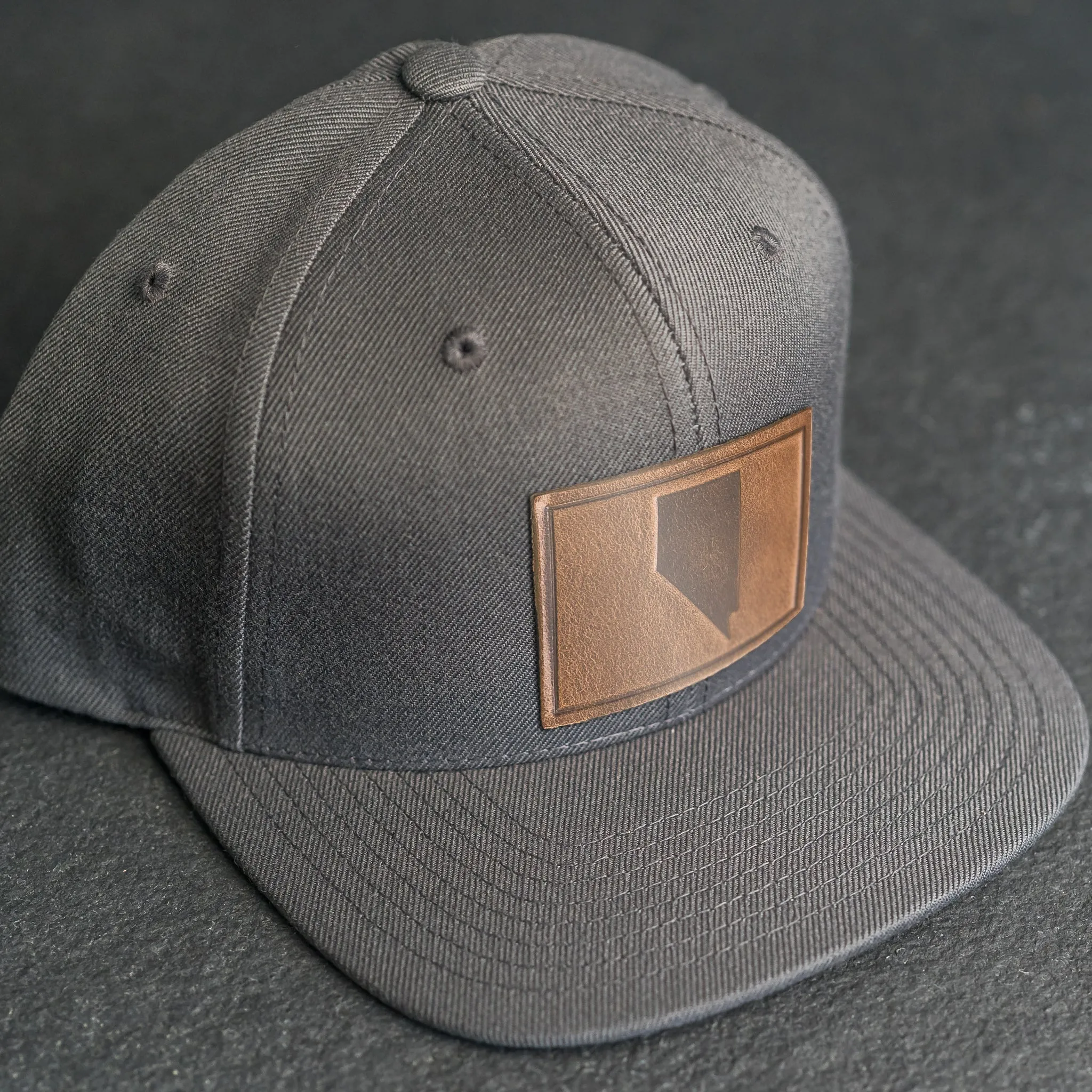 LIMITED EDITION - FLAT BILL Style Hat with Leather Patch - Dark Gray Hat - 30  Stamp Design Options