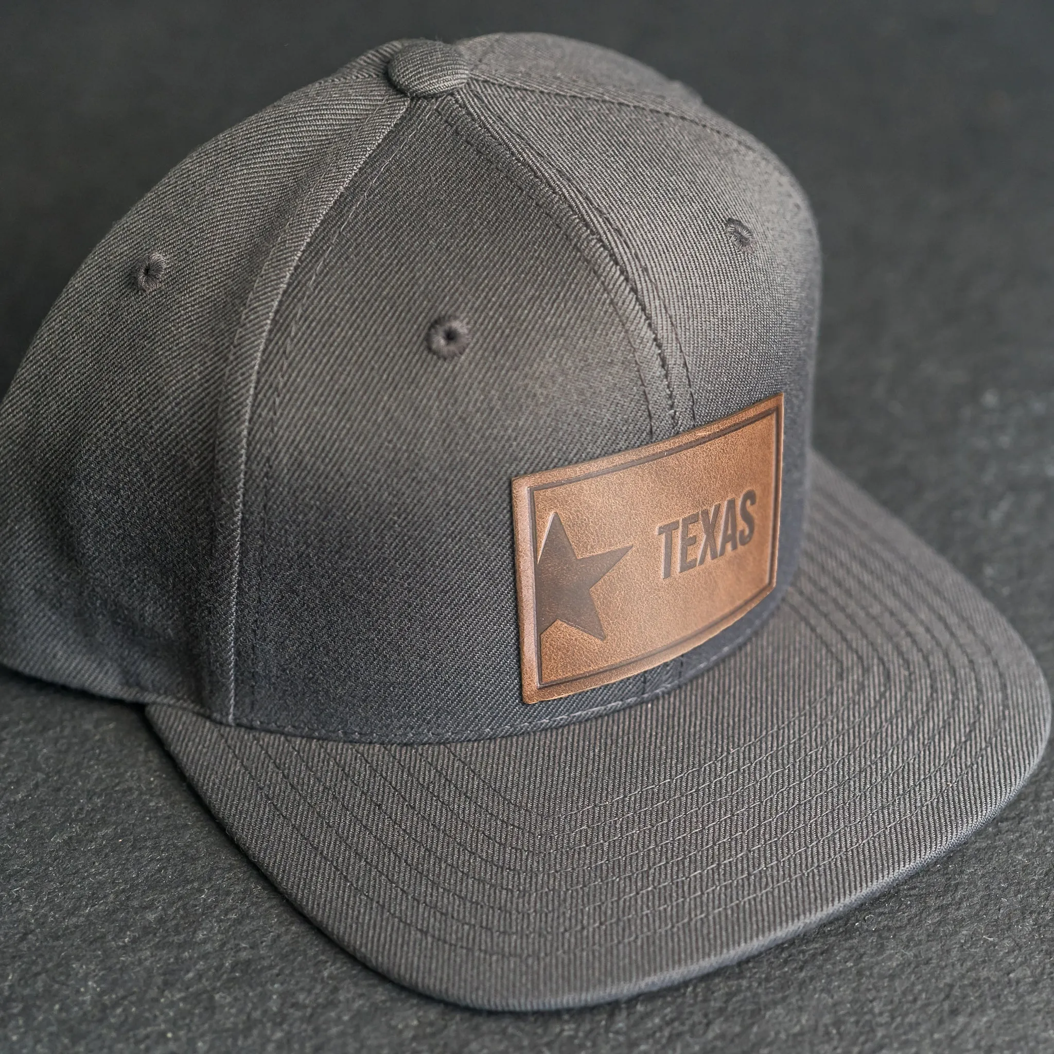 LIMITED EDITION - FLAT BILL Style Hat with Leather Patch - Dark Gray Hat - 30  Stamp Design Options