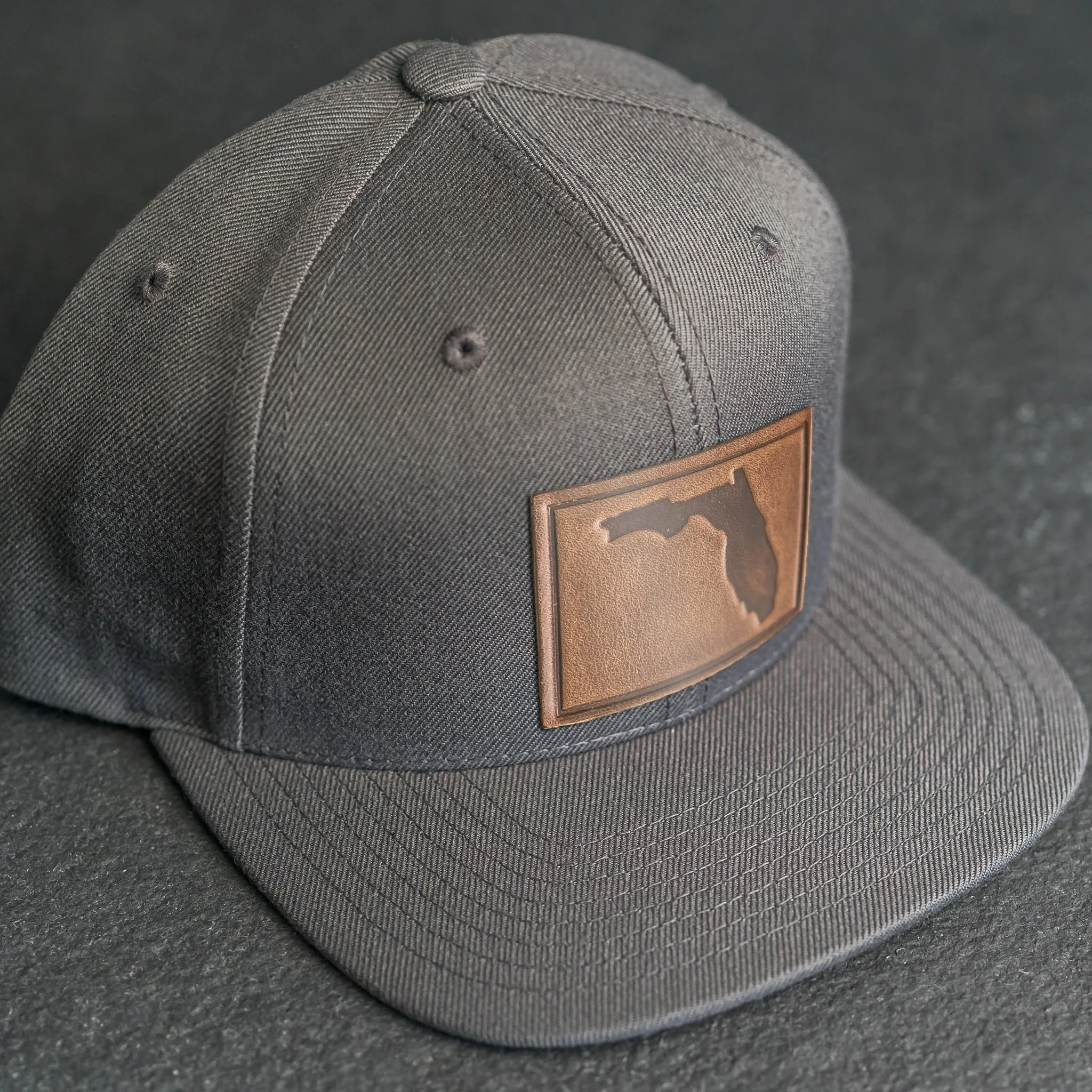 LIMITED EDITION - FLAT BILL Style Hat with Leather Patch - Dark Gray Hat - 30  Stamp Design Options