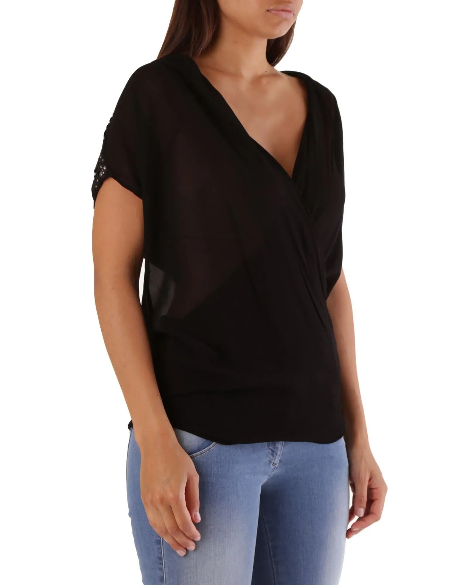 Met Women's Chiffon V-Neck Short Sleeve Blouse Top
