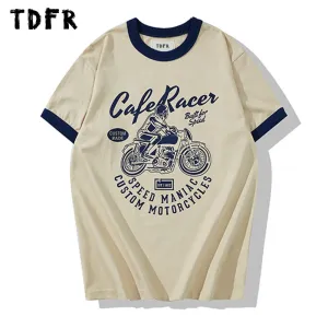 Motorcycle Print Short Sleeve T-shirt - Casual Biker Crew Neck Cotton Tee
