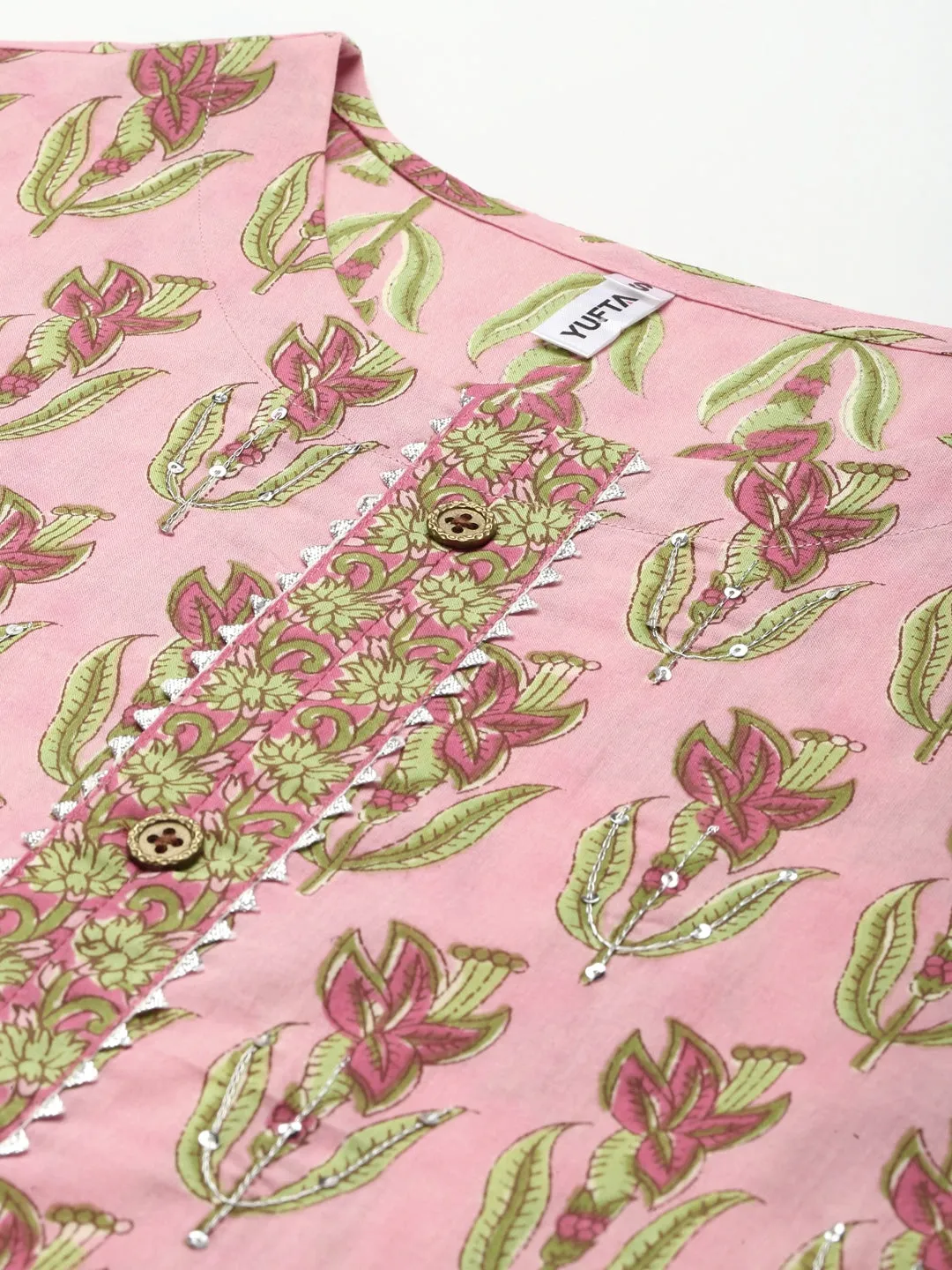 Pink & Green Floral Printed Dupatta Set