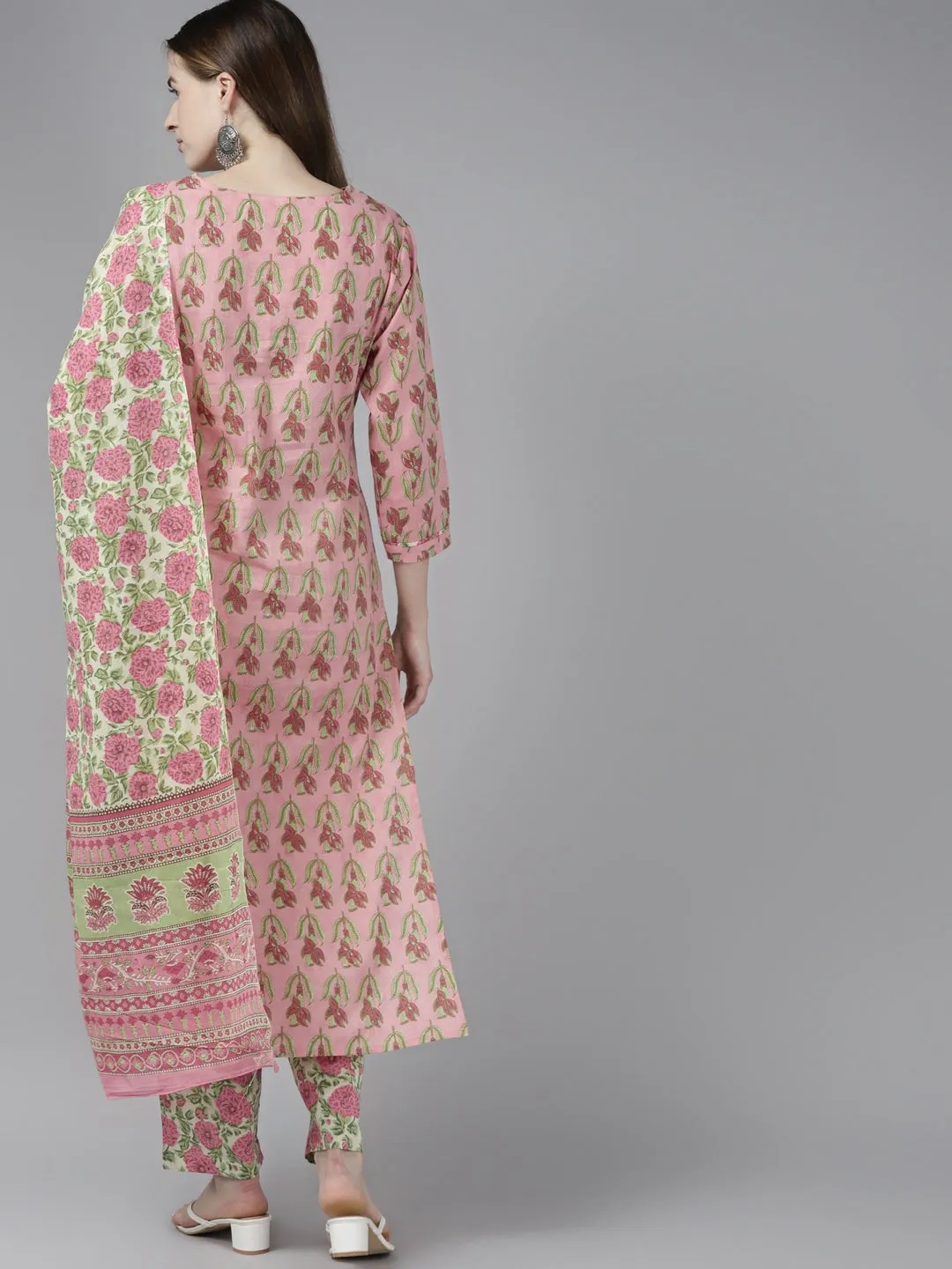 Pink & Green Floral Printed Dupatta Set