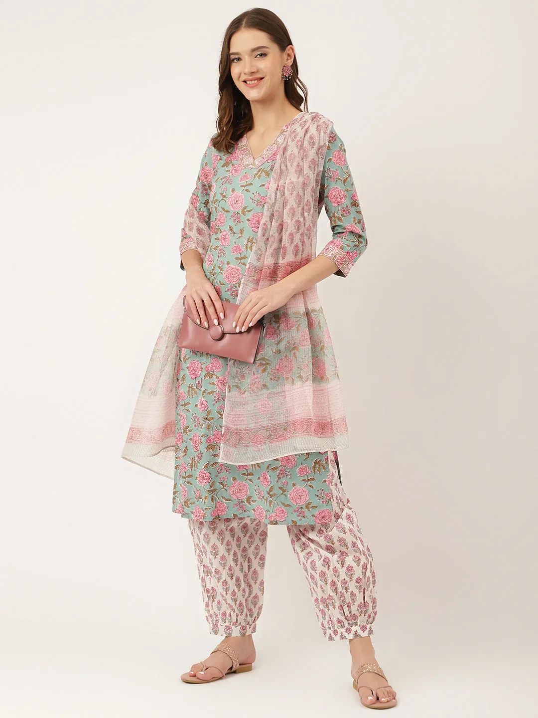 Sea Green Hand Block Floral Print Cotton  Kurta, Salwar With Dupatta