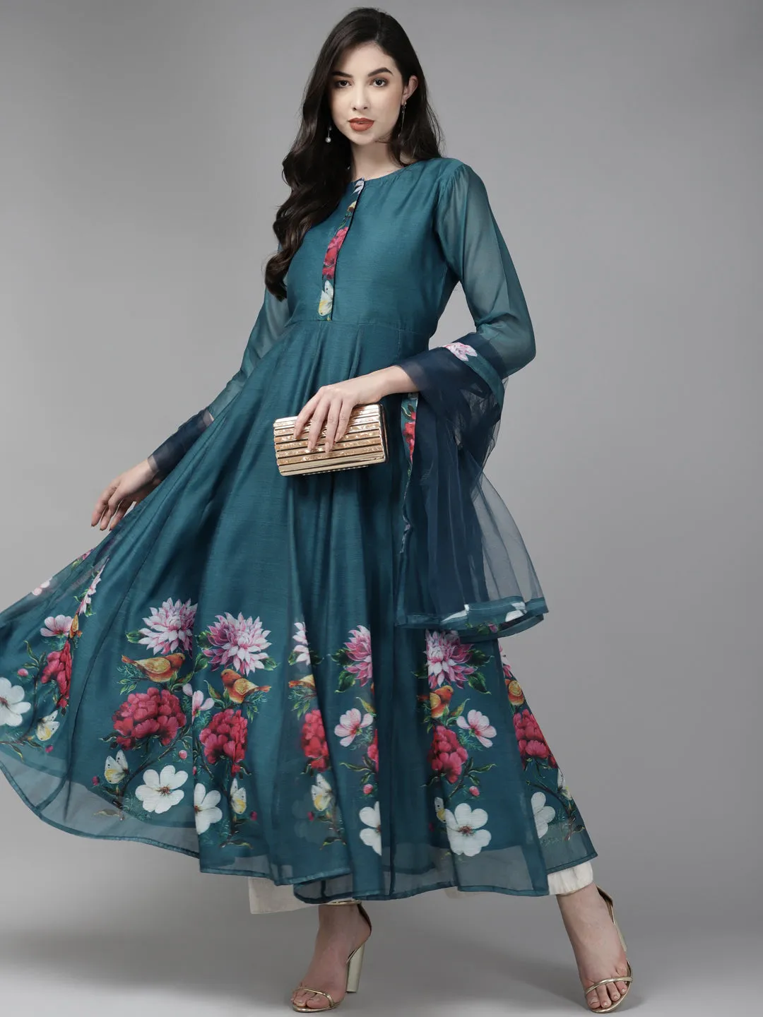 Teal Blue Floral Printed Chanderi Silk Anarkali Kurta With Dupatta