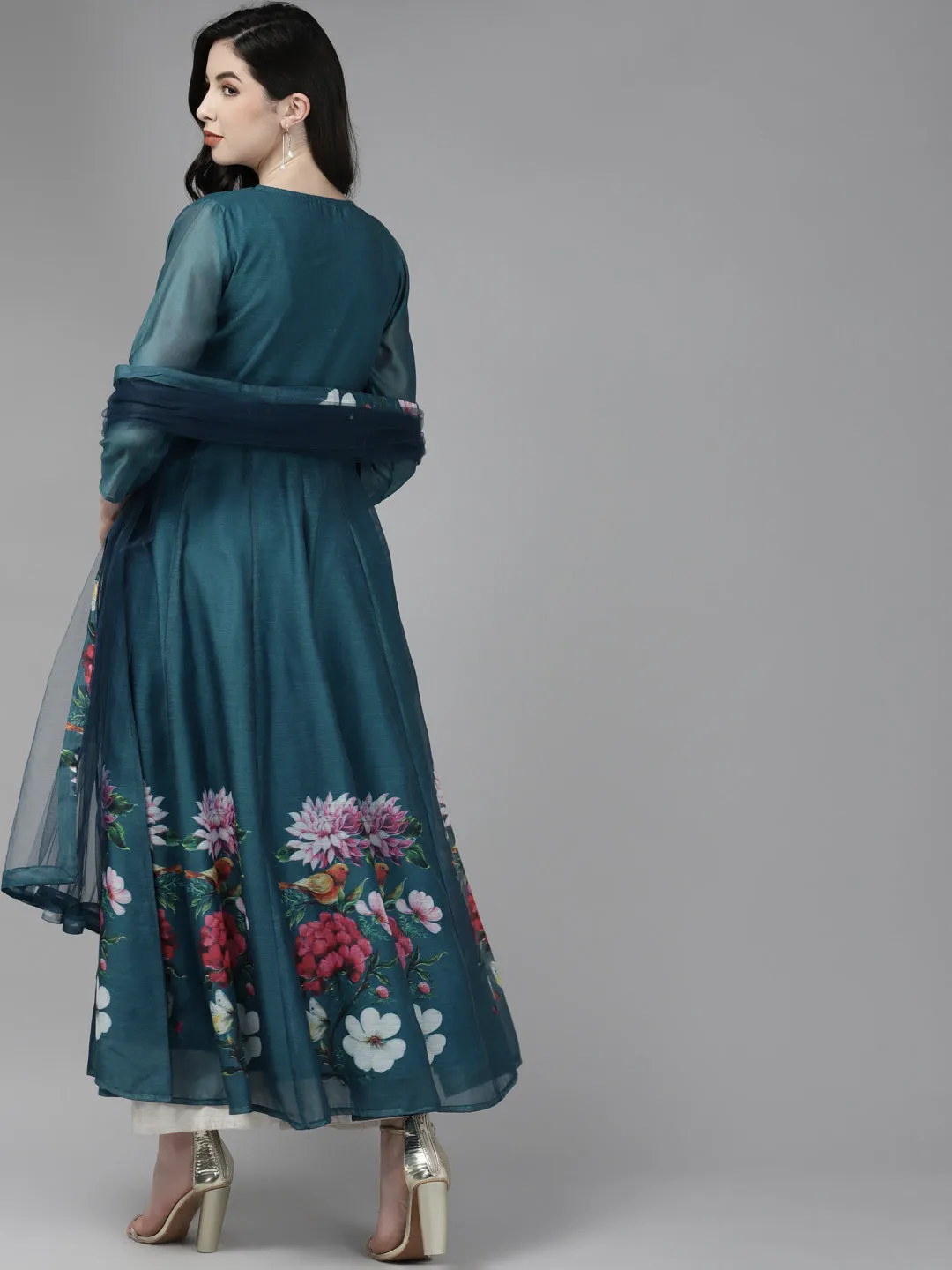 Teal Blue Floral Printed Chanderi Silk Anarkali Kurta With Dupatta