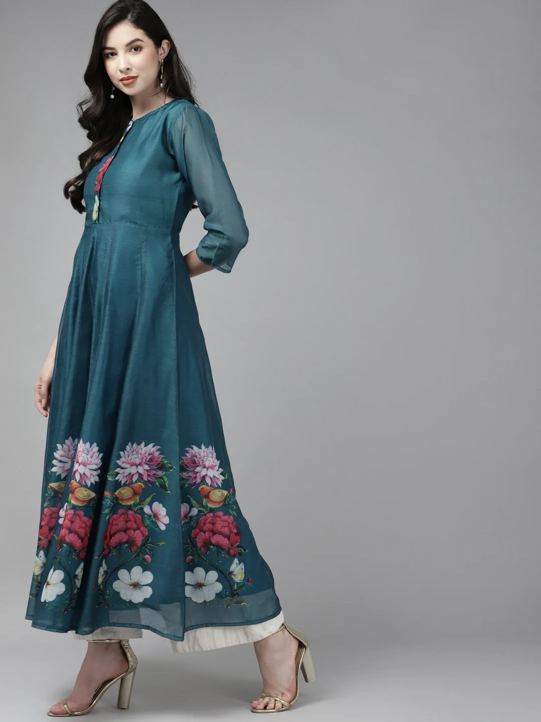 Teal Blue Floral Printed Chanderi Silk Anarkali Kurta With Dupatta