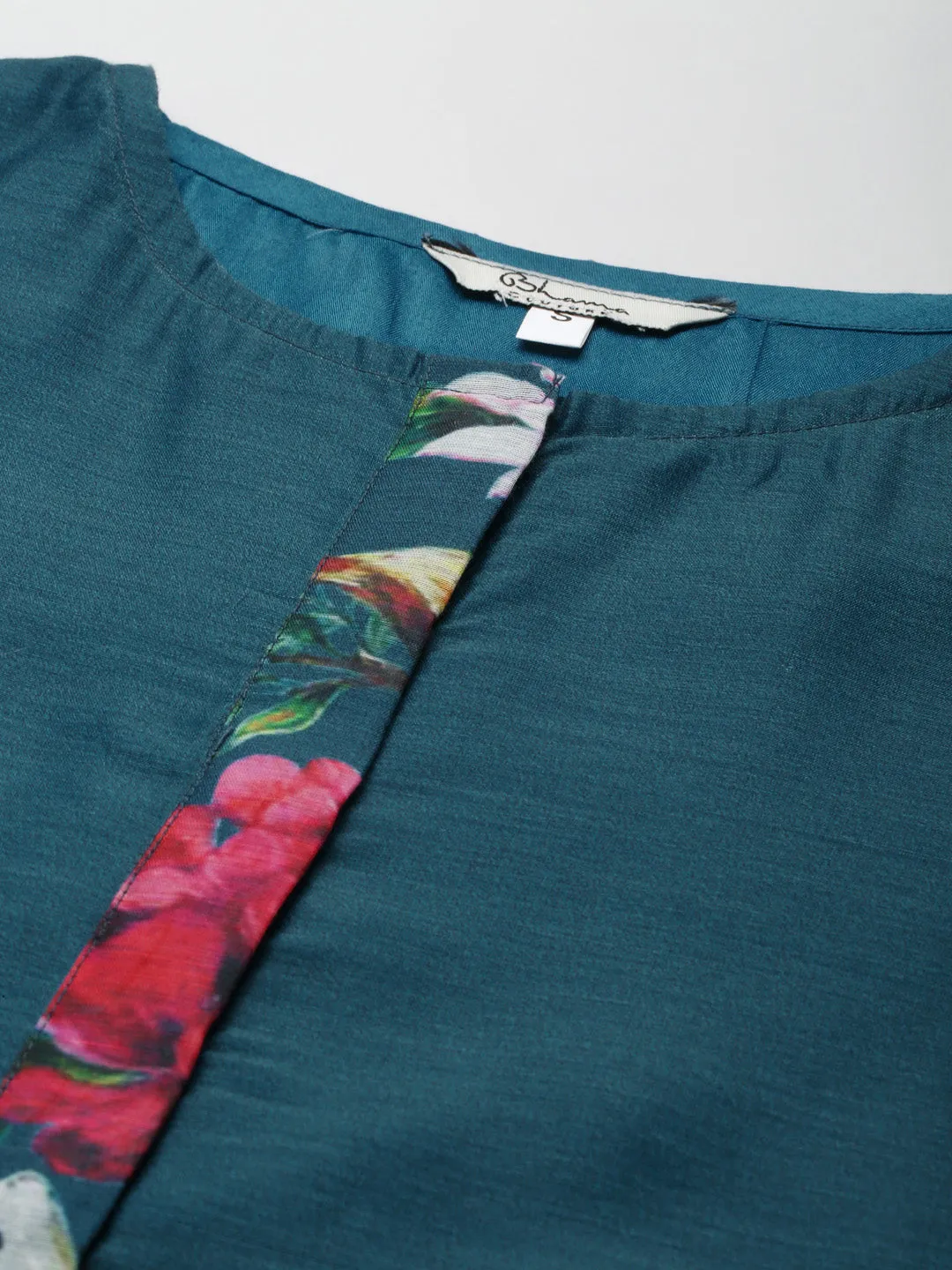 Teal Blue Floral Printed Chanderi Silk Anarkali Kurta With Dupatta