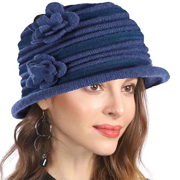Vintage Women Floral Wool Dress Cloche Winter Hat 1920s
