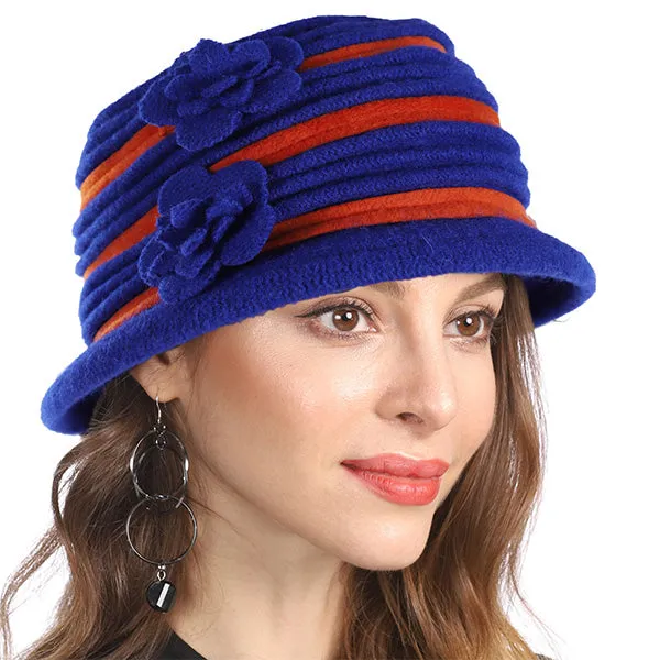 Vintage Women Floral Wool Dress Cloche Winter Hat 1920s