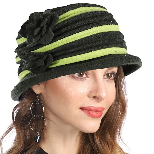 Vintage Women Floral Wool Dress Cloche Winter Hat 1920s