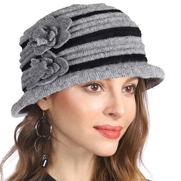 Vintage Women Floral Wool Dress Cloche Winter Hat 1920s