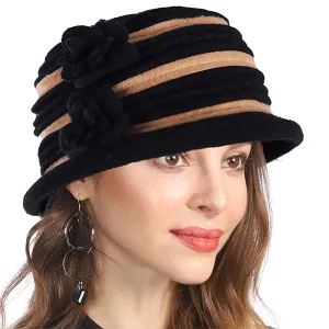 Vintage Women Floral Wool Dress Cloche Winter Hat 1920s