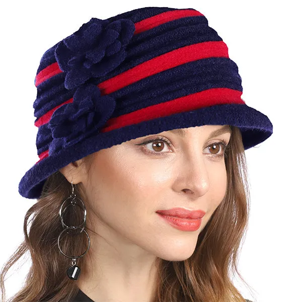 Vintage Women Floral Wool Dress Cloche Winter Hat 1920s
