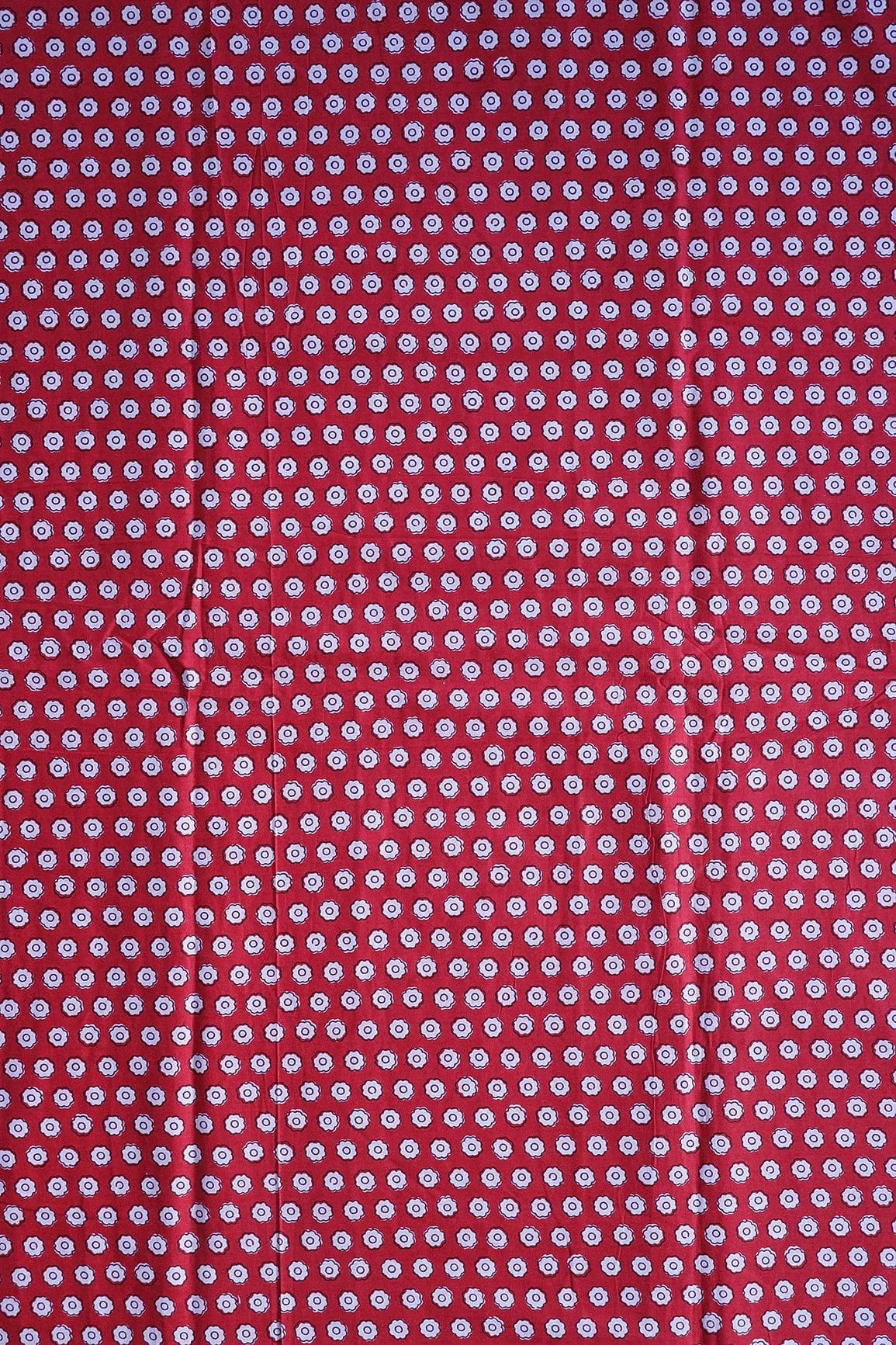White Small Floral Booti Pattern Print On Red Pure Cotton Fabric