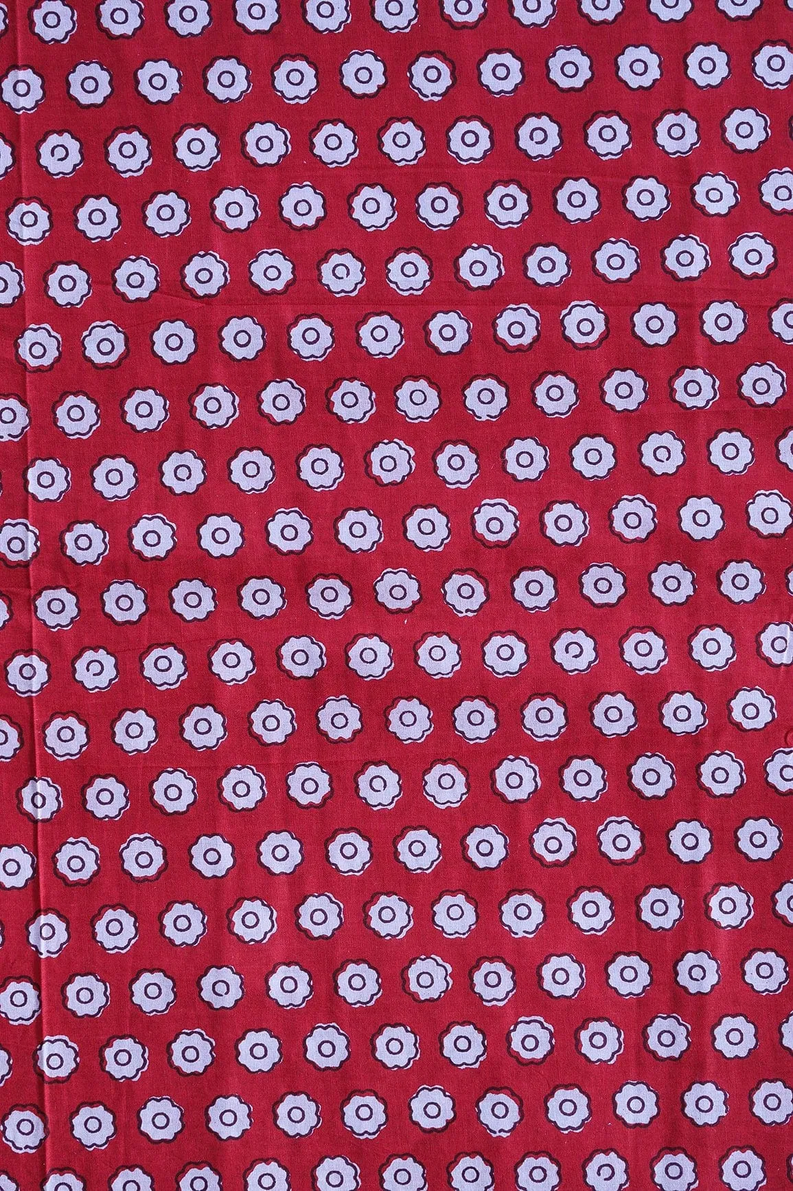 White Small Floral Booti Pattern Print On Red Pure Cotton Fabric