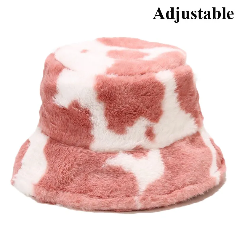 Winter Cow Leopard Faux Fur Fluffy Bucket Hats Women Outdoor Warm Sun Hat Soft Velvet Furly Fisherman Cap Lady Fashion Panama